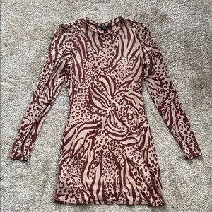 Afrm Animal Print Long Sleeve Mesh Lined Dress